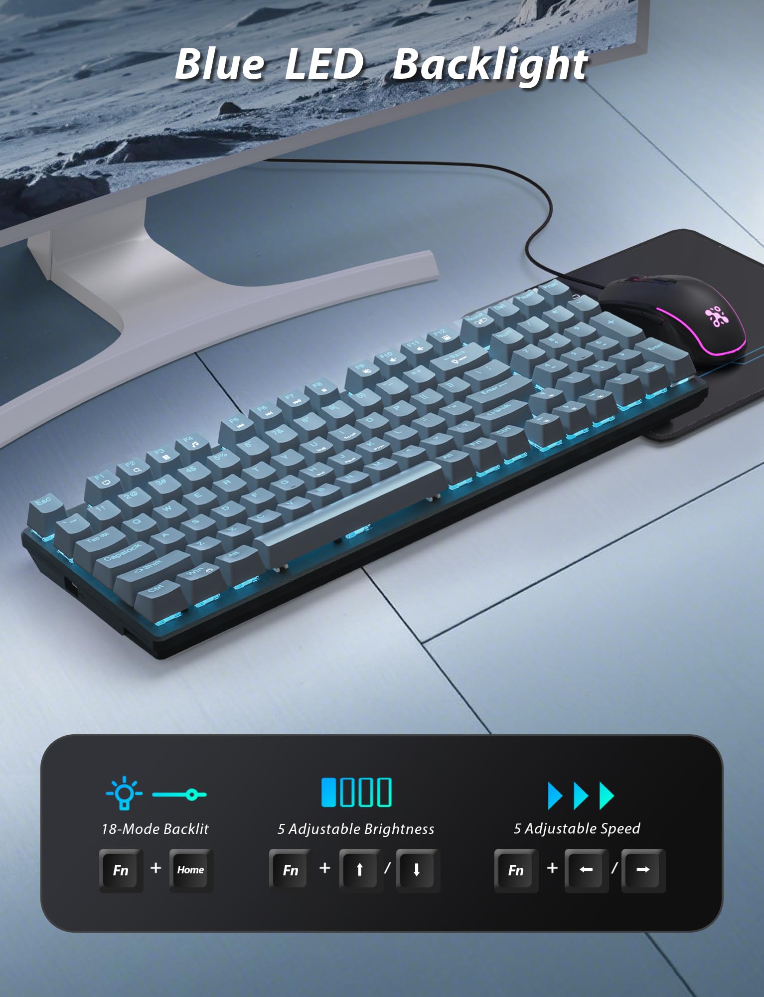 Mechanical Gaming Keyboard and Mouse, LED Backlit 98-Key Floating Keycap & 4 DPI RGB Gaming Mouse with Mouse Pad, Full Anti-Ghost Light Up Wired Computer Keyboards for MAC PC Gamer Accessories, Gray