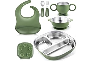 TGFBH Stainless Steel Kids Plates and Bowls, 6 Pcs Baby Tableware Set Contain Deep-Divide Toddler Plates, Bowls, Cup, Utensils & Bib – BPA-Free 304 Steel + Silicone Suction – Dishwasher Safe