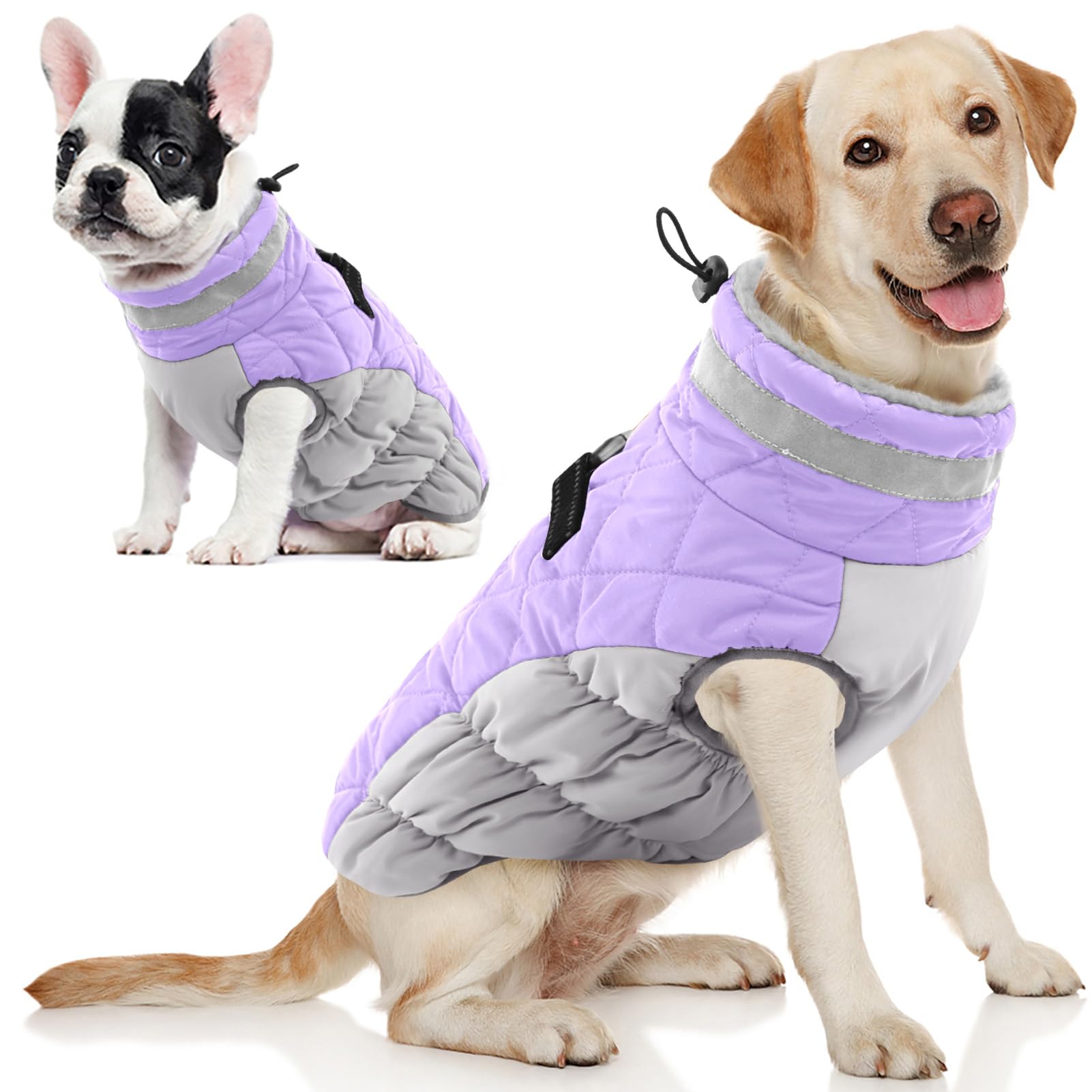 AOFITEE Dog Coat, Warm Dog Winter Coat, Reflective Cold Weather Dogs Puffer Jacket with Harness Built in, Waterproof Pet Fleece Vest Snowsuit for Small Medium Large Dogs, Lilac L Image