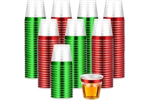 Funnymoom 100 Pack 1oz Red Green Rimmed Plastic Shot Glasses Mini Plastic Wine Drinking Shot Cups Clear Disposable Cups Tasting Sample Containers for Christmas New Year Engagement Whiskey