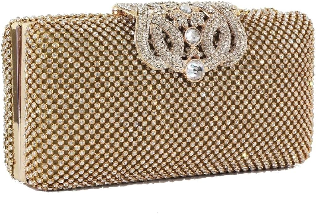Eleoption Dazzling Crystal Gold Diamante Encrusted Evening Bag Clutch Purse Party Bridal Prom, XS