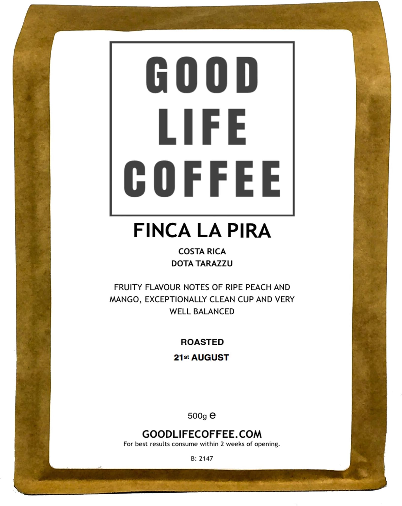 Good Life - Finca La Pira, Dota Tarazzu, Single Origin Specialty Arabica Coffee Beans from Costa Rica Fresh Full of Flavour Roasted to Order SCA:85Roasted to Order SCA Score:85