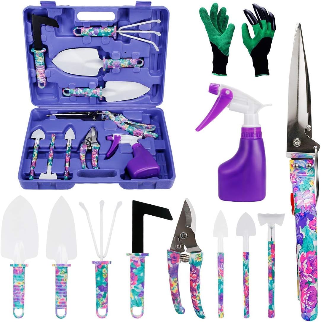 HANXIN Garden Tools Set 11 Pcs Trowel Gloves Scissors Hedge Anti-Rust Spray and Box, Gardening Hand Tool for Fairy, Purple