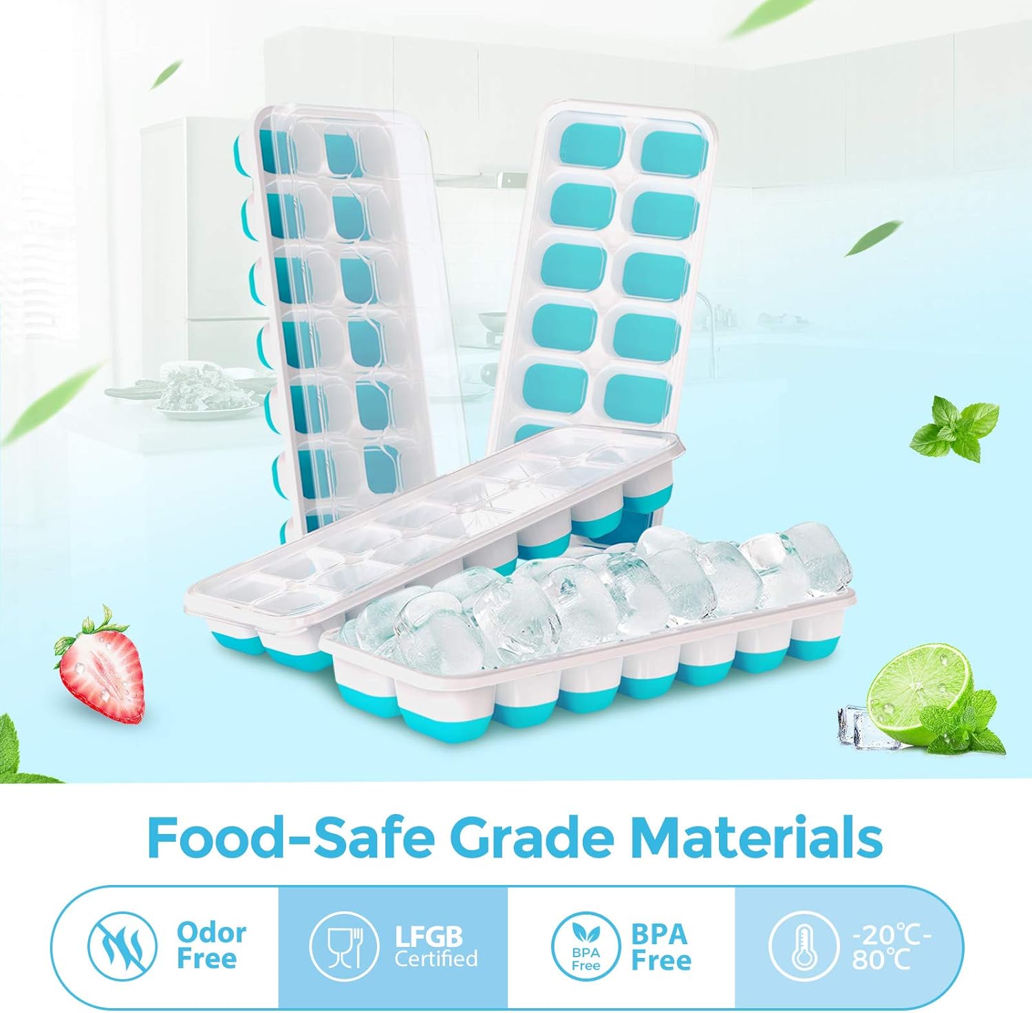 DOQAUS Ice Cube Trays 4 Pack, Easy-Release Silicone and Flexible 14-Ice Cube Trays with Spill-Resistant Removable Lid, LFGB Certified and BPA Free, for Cocktail, Beer, Stackable Flexible Ice Trays: Kitchen & Dining