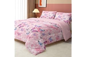 Datura home Kids Comforter Set Girls Pink Flower Butterfly Printed Pattern Quilt Bedding Set with 1 Comforter and 2 Pillowcases for Girls Bedroom All Season(Pink Flower Butterfly Twin 68x86inch)