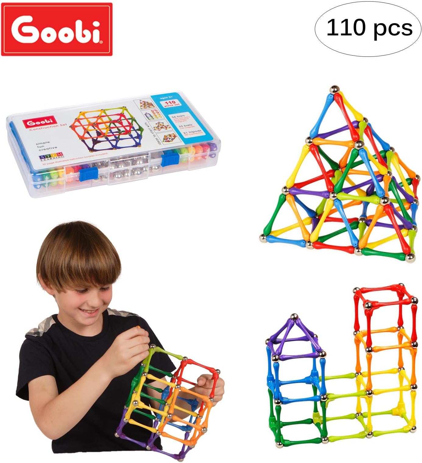 Goobi110 Piece Construction Set Building Toy Active Play Sticks STEM Learning Creativity Imagination Children’s 3D Puzzle Educational Brain Toys For Kids Boys And Girls With Instruction Booklet
