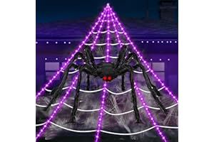 GTYZZH Halloween Decorations Outdoor Spider Web Lights, 23Ft 350 LED Light up Spider Web with 6.6Ft Giant Spider, 8 Modes Waterproof Timer Spiderweb Lights for Garden ＆ Haunted House Decor, Purple