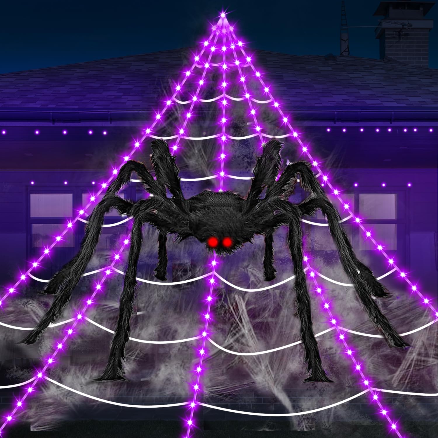 Photo 1 of Halloween Decorations Outdoor Spider Web Lights, 23Ft 350 LED Light up Spider Web with 6.6Ft Giant Spider, 8 Modes Waterproof Timer Spiderweb Lights for Garden ? Haunted House Decor, Purple
