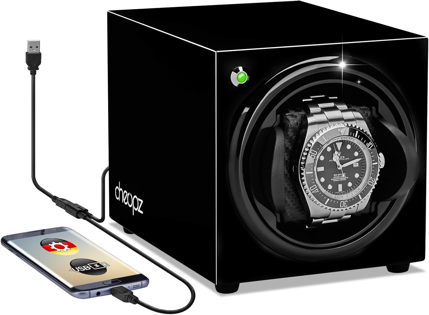 Cheopz Black Single Watch Winder Box for Automatic Watch