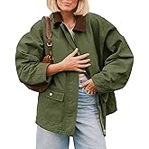 Tankaneo Womens Oversized Barn Jacket Zip Up Military Safari Jackets Fall Color Block Vintage Trench Coat with Pockets