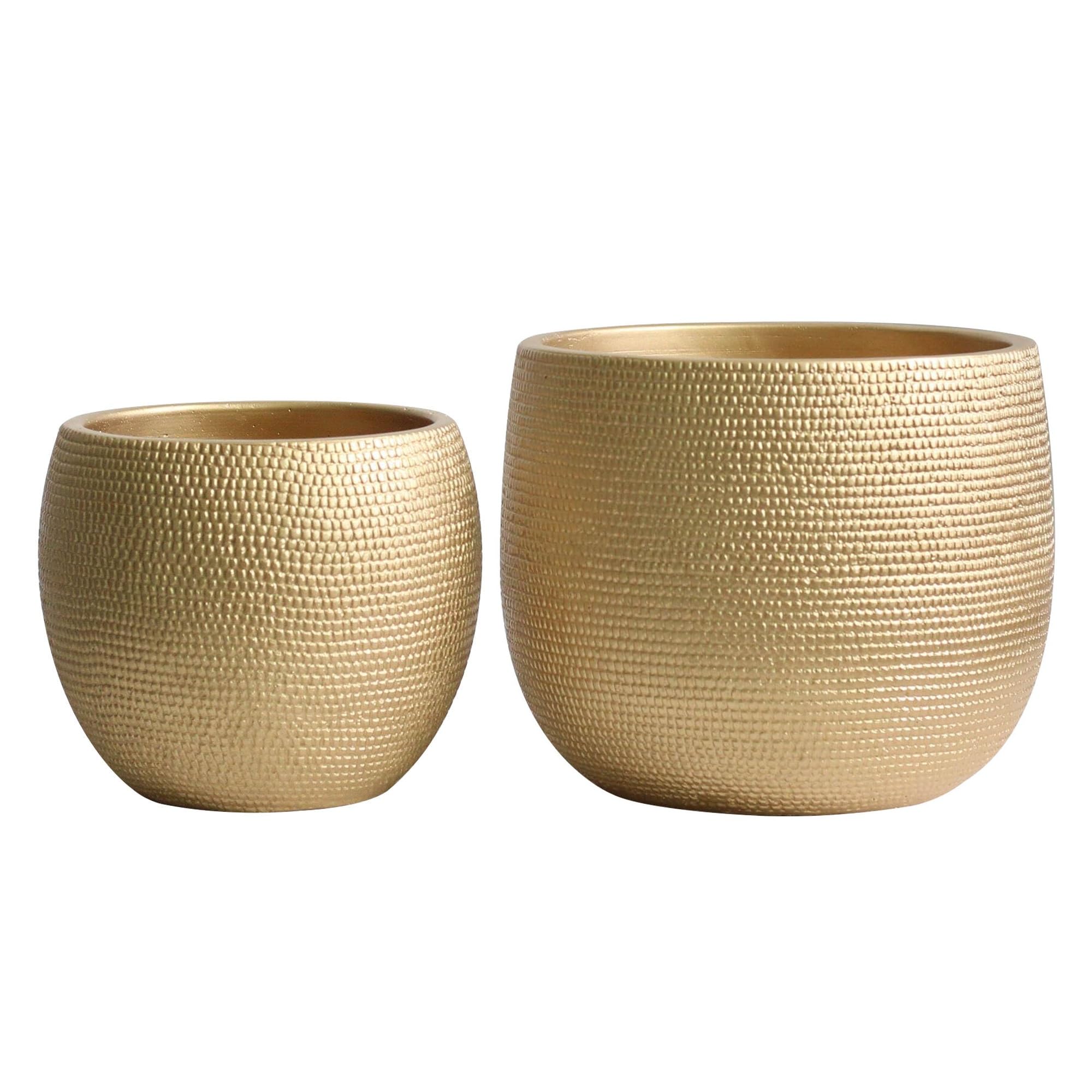 Photo 1 of Olly & Rose Barcelona Ceramic Plant Pot Set 2 - Gold Flower Pots - Indoor & Outdoor Planters Home and Garden Decor (Gold, 14cm + 17.5 cm)