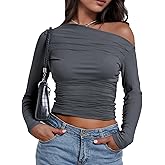 Buauty Womens Off Shoulder Tops Long Sleeve Crop Tops Casual Boat Neck Going Out Blouses One Shoulder Y2K Tight Shirts 2026