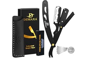 100 Straight Razor Blades with DEMAXA Shavette Straight Razors for Men - Navajas para Barbero Professional Barber Razor Blade for Close Shaving with Soft Pouch - Cut Throat Razors for Men