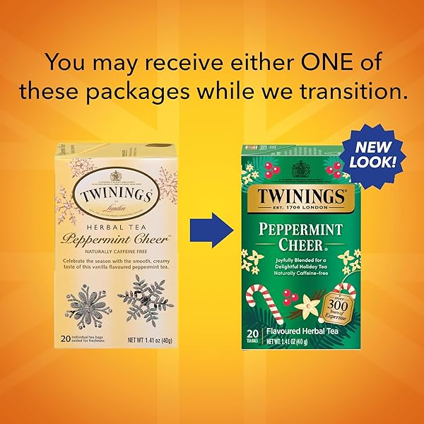 TWININGS PEPPERMINT CHEER HERBAL TEA INDIVIDUALLY WRAPPED BAGS, 20 COUNT (PACK OF 1), PEPPERMINT & VANILLA, NATURALLY CAFFEINE-FREE, ENJOY HOT OR ICED, 20 TEABAGS
