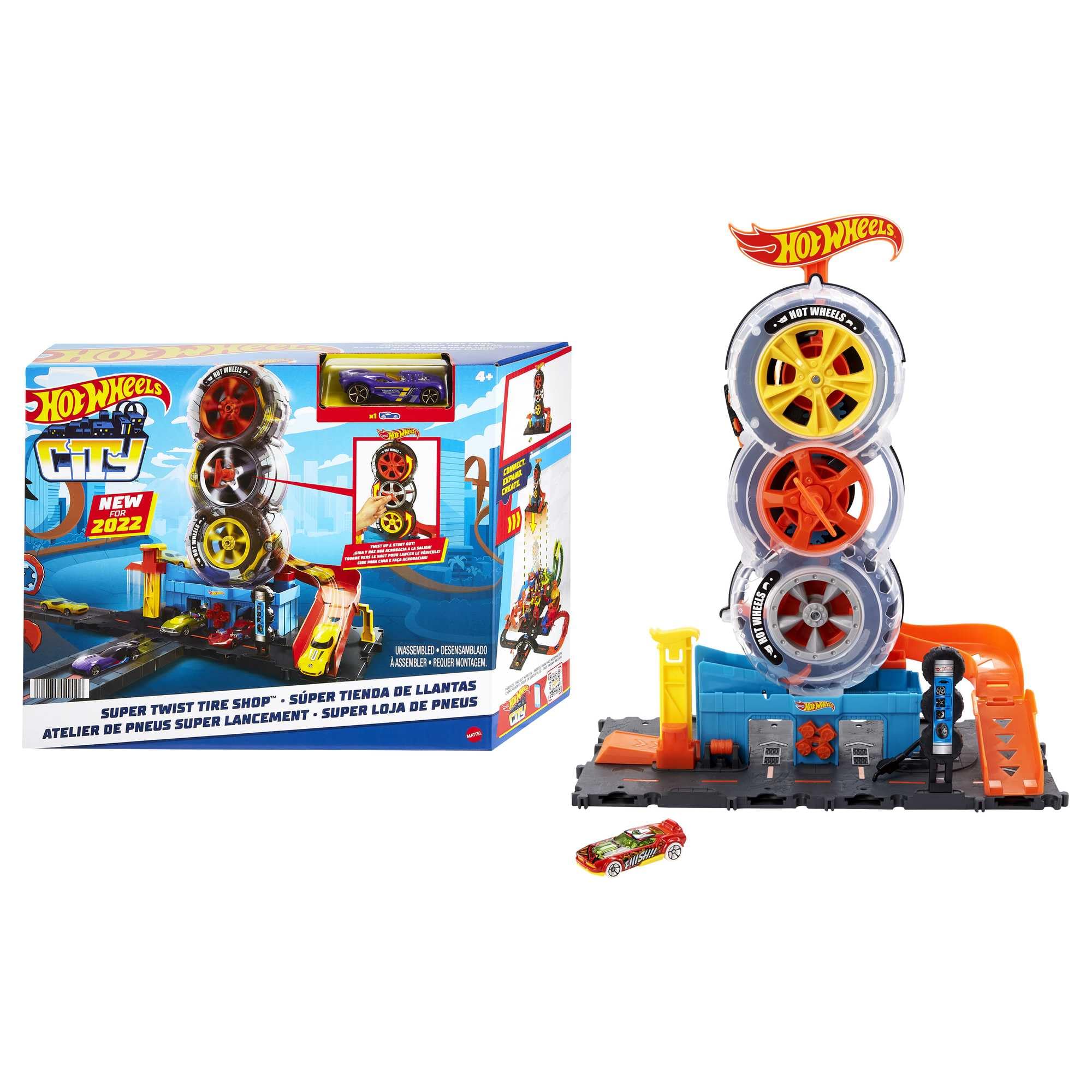 Hot Wheels HDP02 - City Super Reifenshop Spielset, mit Einer Schlüsseldrehung die Autos durch die Reifen schicken, enthält 1 Hot-Wheels-Fahrzeug, Spielzeug Geschenk für Kinder von 4 bis 8 Jahren