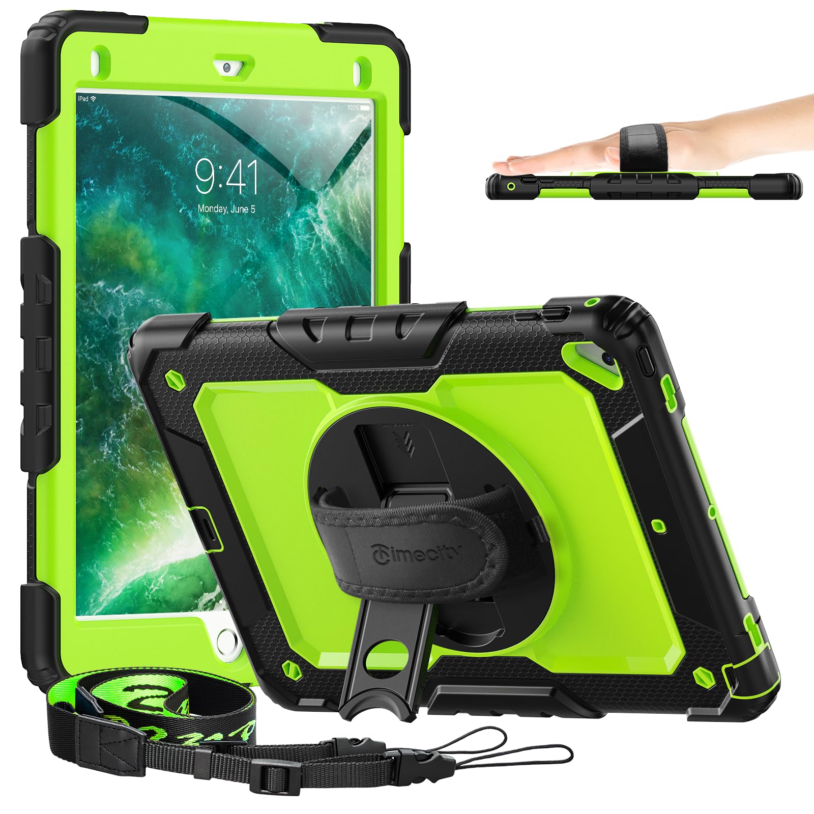 Timecity case For iPad 6th/5th Generation(2018/2017), iPad Pro 9.7 inch(2016), iPad Air 2 Case(2014), Shockproof Case with Screen Protector, 360° Rotating Kickstand, Hand Strap, Pencil Holder, Green