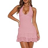 Women's Summer Dresses 2026 Sexy Halter V Neck Backless Hollow Out Ruffle Bodycon Cocktail Party Vacation Mini Dress