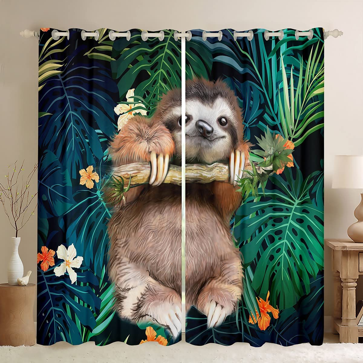 Loussiesd Cute Sloth Curtain Cartoon Animal Window Drapes for Kids Boys Girls Funny Lazy Sloth Tropical Leaves Floral Print Window Treatments Nature Themed Window Curtain Room Decor W66*L72