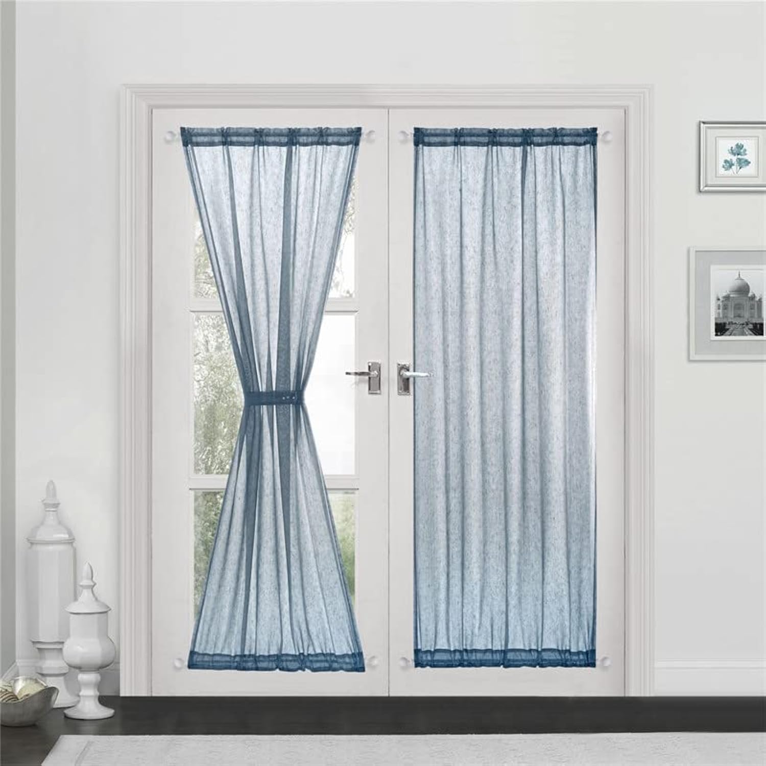 Devola Panel Curtain, Linen Look Curtain, Long Modern Plain Bistro Curtain, Semi-Transparent Door Curtains, Kitchen Curtains, Short Curtains, W x H 132 x 183 cm, Blue, Pack of 1
