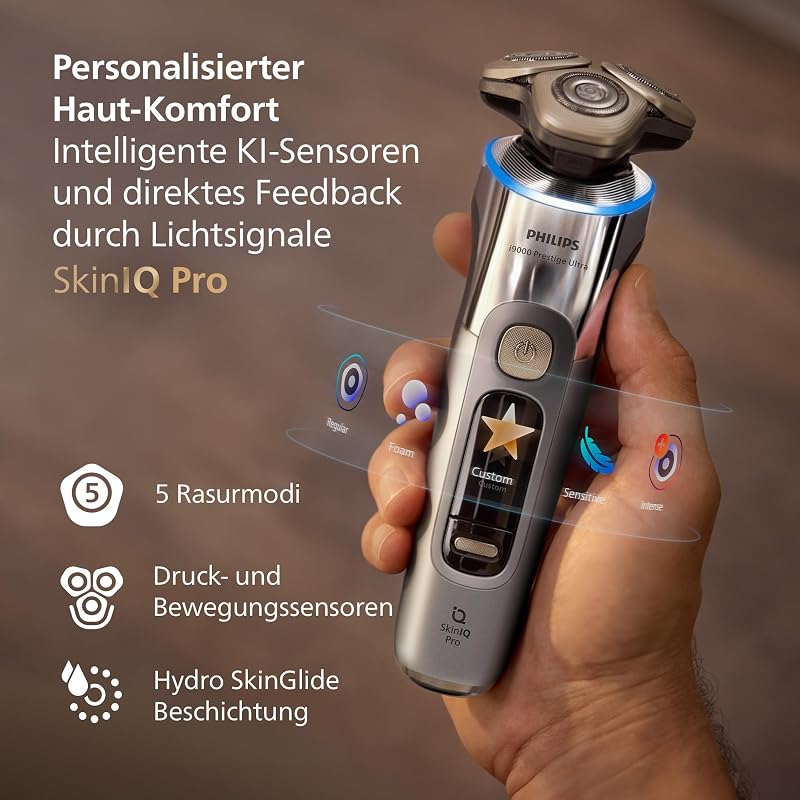Rasierer i9000 Prestige Ultra für Herren, Nass- und Trockenrasur, chrom, Druck- und Bewegungssensor, 5+1 Bartstyler, Nasenhaartrimmer, Reinigungsstation, Ladestation und Reiseetui (XP9404/38)