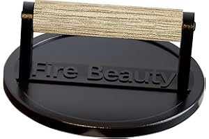 Fire Beauty Burger Press,6.5" Grill Press,Cast Iron Grill Press with Wood Handle,Food-Grade Smash Burger Press for Seared Bacon,Steak&Burger,Ideal for Indoor and Outdoor Cooking,Pre-Seasoned