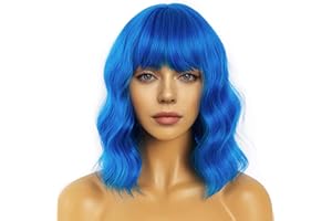 LANCAINI Short Bob Wavy Wig with Bangs for Women Loose Curly Shoulder Length Synthetic Cosplay Wig Bob for Girl Colorful Costume Wigs (Blue)