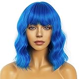 LANCAINI Short Bob Wavy Wig with Bangs for Women