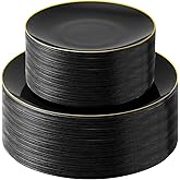 Bestluck 100PCS Black Plastic Plates with Gold Rim, Black Gold Disposable Plates for Party, Graduation and Wedding, Include 50 Dinner Plates, 50 Dessert Plates for 50 Guests