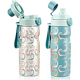 PIQUEBAR Kids insulated Water Bottle 17oz & Sport Water Bottle 24oz Set, Stainless Steel Metal Vacuum Water Bottles, Leakproof Tritan Sport Water Bottles for School Boys Girls, Blue Dinosaur