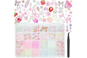 Qiipii Dream Set Large Box Pearls Nail Charms - Cute Bows, 3D Animals, Flower, Fruit, Candy, Heart, Star, Y2K - Multi-Style Pink Resin for Acrylic Nails, Crafts, Art Supplies, Gift