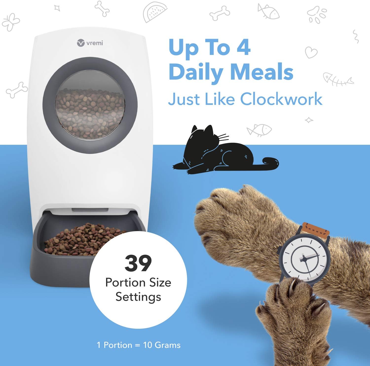 Kitchen & Dining : Vremi Automatic Pet Feeder for Cats and Dogs - Large 6L Capacity - Easily Programmable with Timer for up to 4 Meals Per Day - AC Power with Battery Backup and Voice Recorder for Custom Feeding Message : 