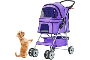 RUESLEAG Dog Stroller,Travel Folding Pet Stroller for Small Medium Dog Cat Jogger Stroller with Storage Basket Removable Cup Holders (Purple, 4 Wheels)