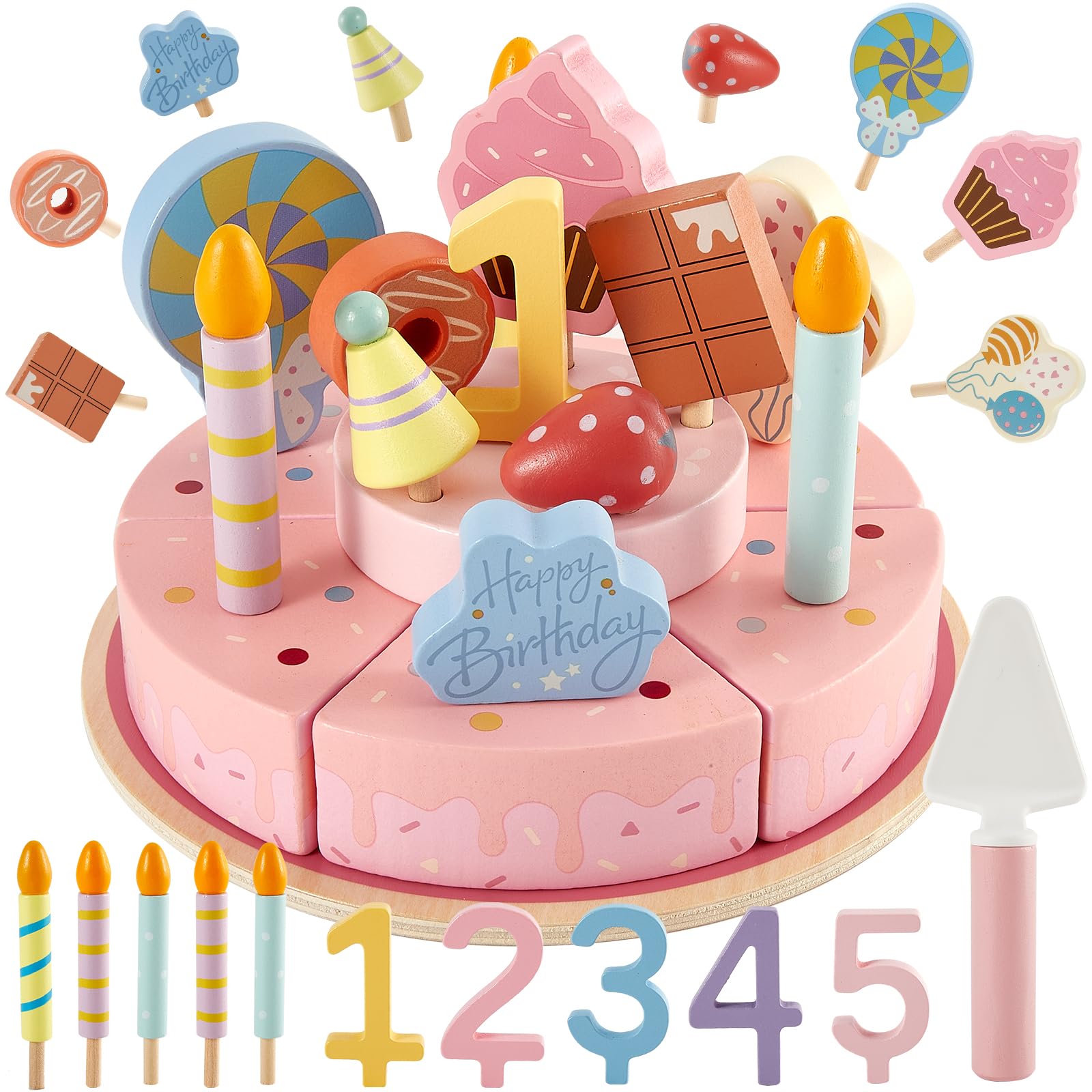 LINFUN KIDS Wooden Birthday Cake Play Food Set Kitchen Pretend Toy Kids Cake Cutting with Candles, DIY Tea Party Set Gifts for Little Girls Toddlers Children 3 4 5 Years Old, Pink