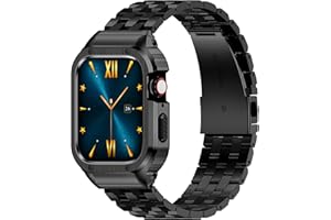 AMZNEW HASLFM Stainless Steel Band with Case Compatible with Apple Watch Series 9 8 7(41mm), 6 5 4 SE3/2/1(40mm), Series 3 2 1(38mm), Metal Protective Bumper Cover for iWatch Bands Men,Black