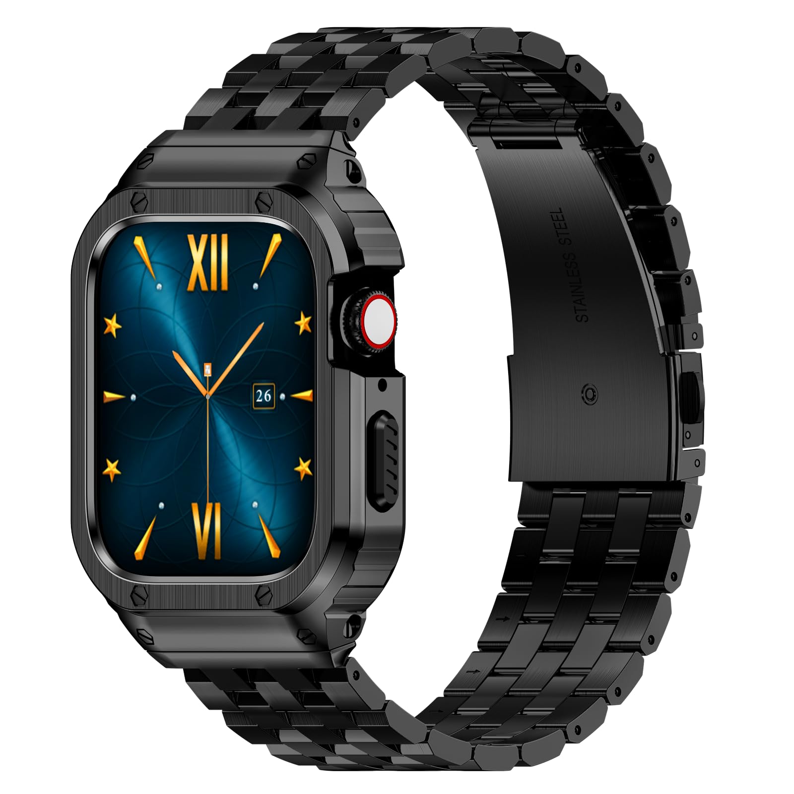 HASLFM Apple Watch Straps Compatible for Apple Watch 41m(Series 9/8/7), 40m(Series 6/5/4/SE), 38mm(Series 3/2/1),Rugged Metal Stainless Steel iWatch Band with Protective Case for Men，Black