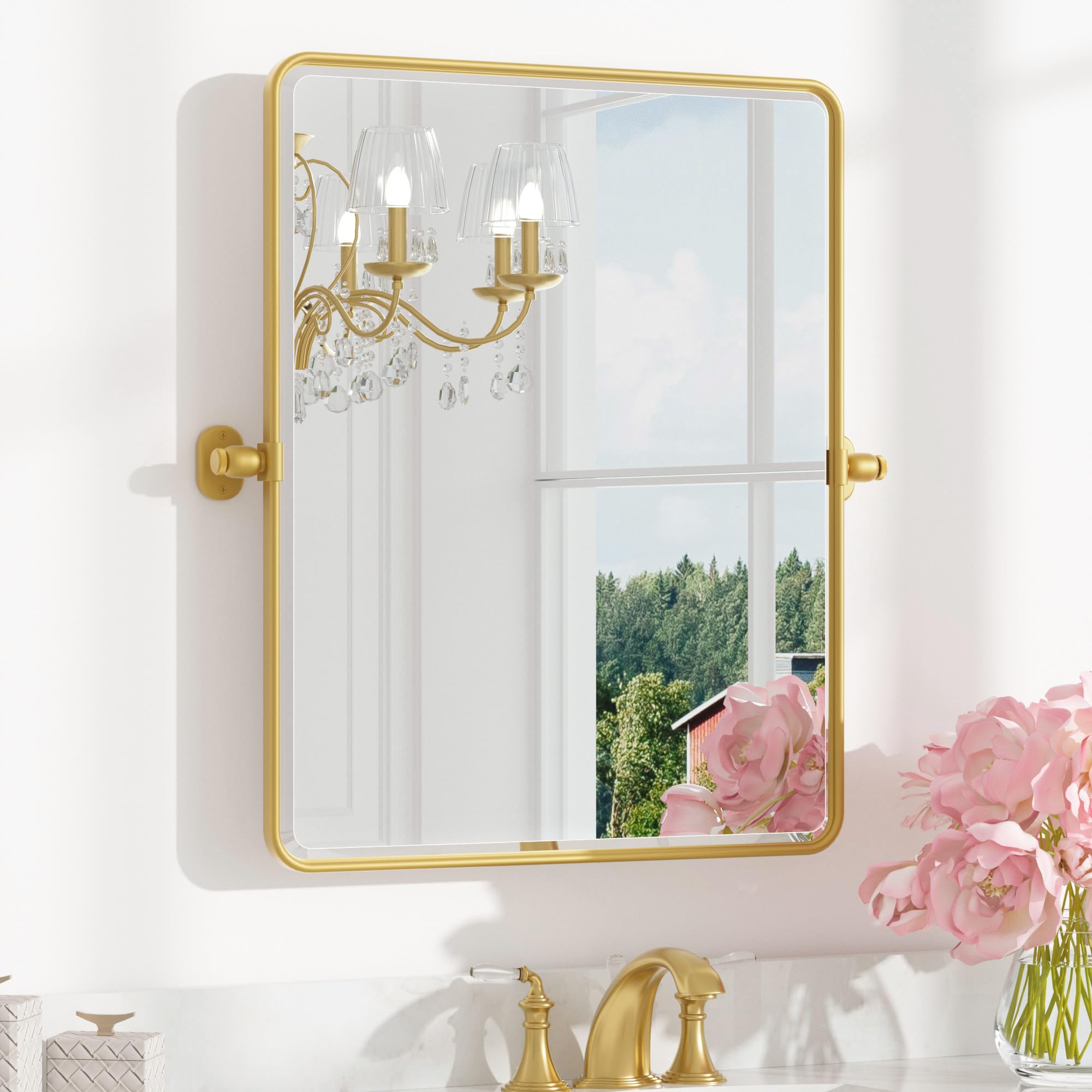 Photo 1 of Keonjinn Pivot Mirror Bathroom, 24x30 Inch Gold Tilt Mirror Bathroom for Over Sink, Brushed Gold Framed Mirrors for Bathrooms, Adjustable Beveled Rounded Corner Tilt Wall Mirrors, Horizontal/Vertical