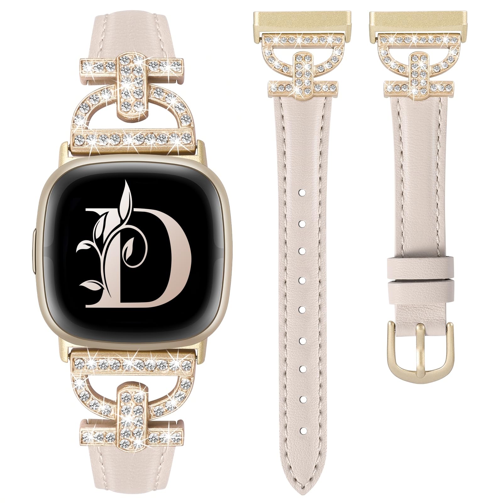 TOYOUTHS Genuine Leather Straps Compatible with Fitbit Versa 3/Versa 4/Sense 2/Sense, Women Slim Strap D-Shaped Metal Buckle Rhinestones Luxury Bracelet for Versa 3/4 Sense 1/2, Starlight+Champagne