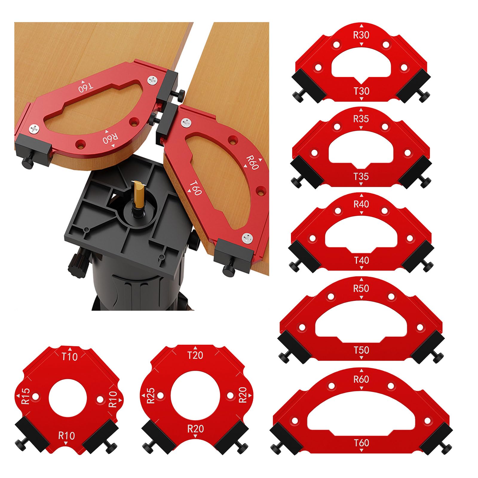 Radius Jig Router Templates Corner with Removable Clip, 7Pcs Aluminum Alloy Round Corner Radius Templates Woodworking Router Arc Cutting Auxiliary Tool R10 R15 R20 R25 R30 R35 R40 R50 R60