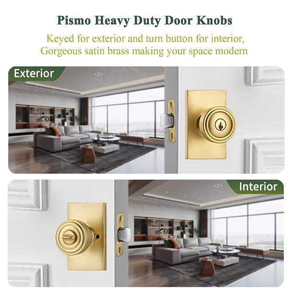 PARRO GOLD DOOR KNOBS INTERIOR & EXTERIOR, KEYED ENTRY DOOR KNOB FOR BEDROOM & LIVING ROOM, SATIN BRASS PISMO DOORKNOBS