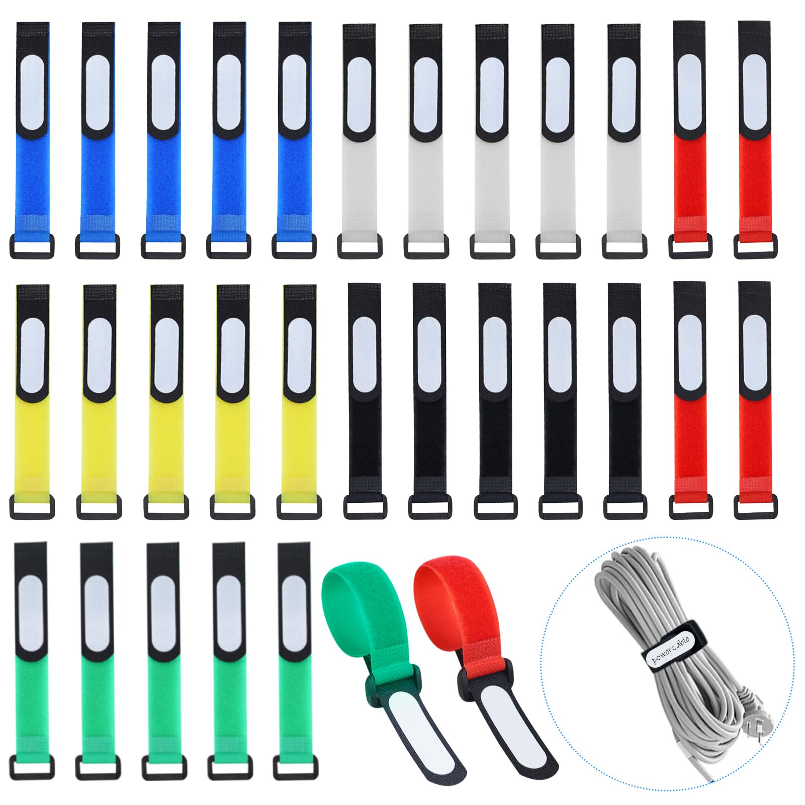 30 Pack Reusable Cable Ties with Writable Labels, Hook and Loop Cable Straps for Cable Management, Adjustable Wire Organisers for Cables, Cords and Hoses, 20 x 2 cm, 6 Colours