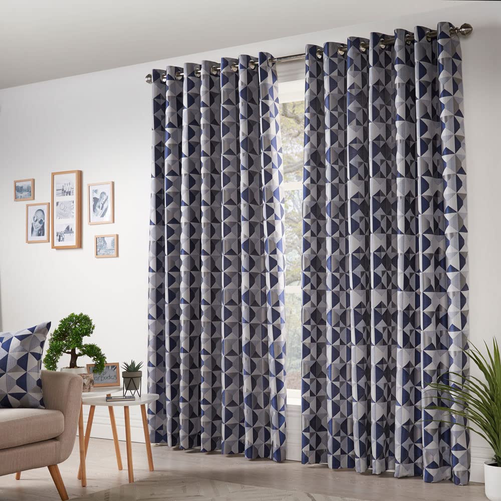 Skandi Eyelet Ring Top Curtains Fully Lined Weave Jacquard Navy 66x54