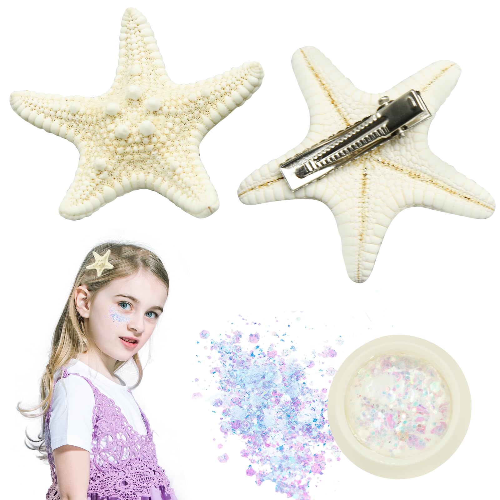 3Pcs Starfish Hair Clip Set, Hair Accessories Seashell Hair Clips, Hair Clips Starfish Hair Accessories, Shell Hair Clip Starfish Clip for Costume, Sequin Glitter for Women