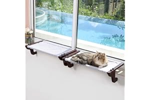 Zakkart 2PC Easy Seat Cat Perch for Window Sill - Hammock Design w/Pine Wood & Robust Metal Frame - Cat Window Seat for Large Cats and Kittens (Dark Stained Wood w/Gray Bed, Large (26''W x 14''D)