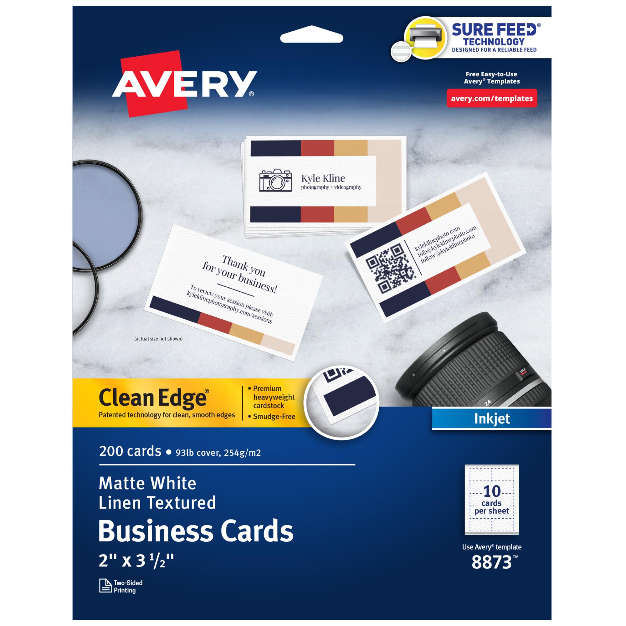 Avery Printable Business Cards, Inkjet Printers, 200 Cards, 2 x 3.5, Clean Edge, Heavyweight, Linen Textured (8873),White