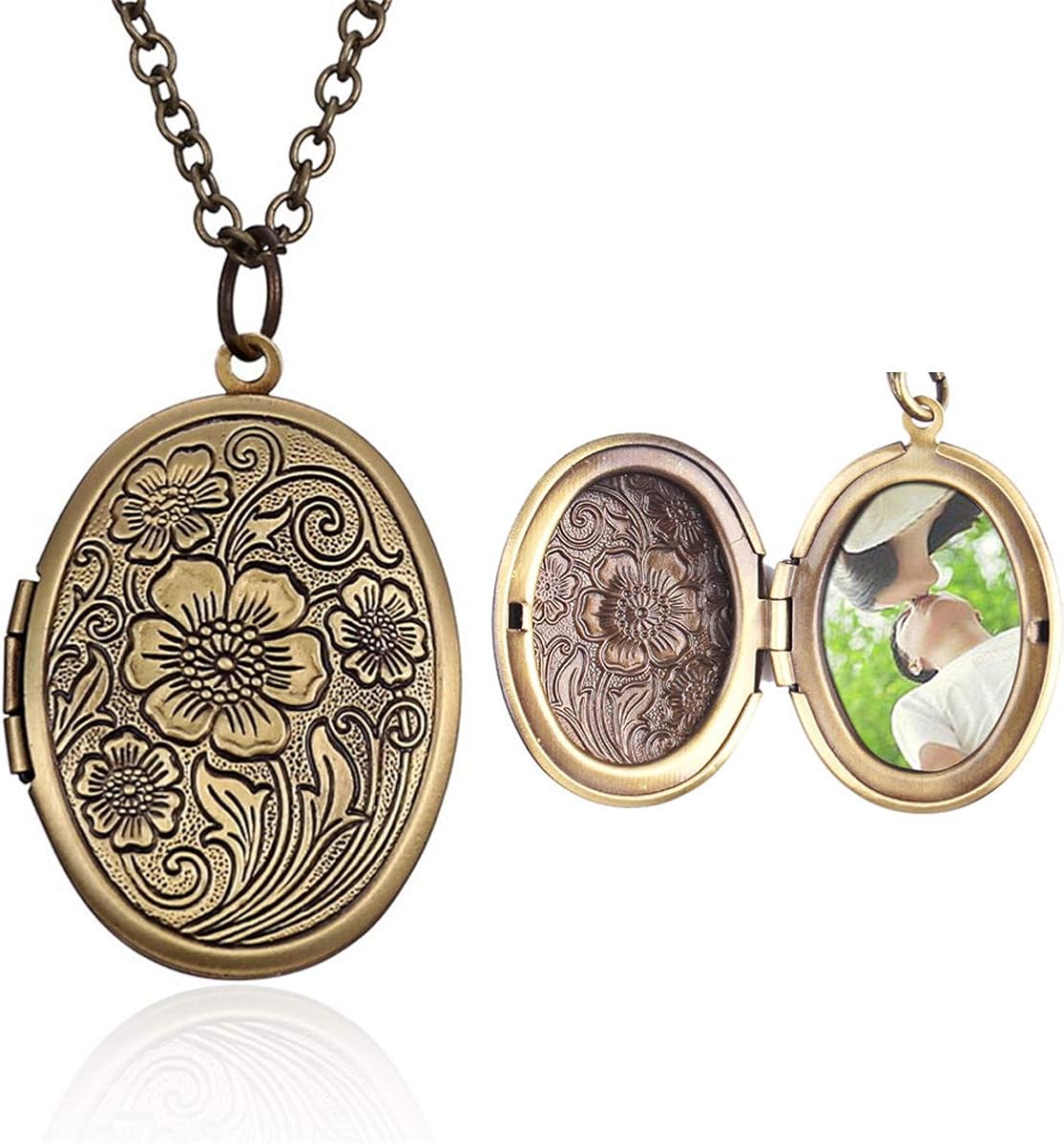 Hsumonre Customize Oval Locket Necklace Text Engraved Antique Bronze Flower Carved Hold Picture Love Memory Pendant Necklace For Couple Silver Gold Plated