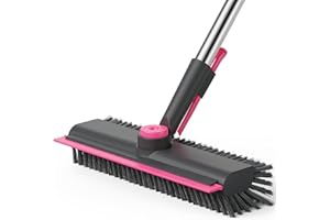 AIR U+ Floor Scrub Brush with Long Handle, 3 in 1 Scrape and Heavy-Duty Stiff Bristle Scrubber Brush for Cleaning Shower Bathroom, Patio, Garage, Kitchen, Wall and Deck, Gray and Pink