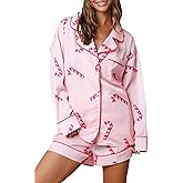 AUJUBUY Women Christmas Pajamas Cute Shorts Set Santa Colorful Pj Long Sleeve Shirt Lounge Pants 2Piece Christmas Sleepwear