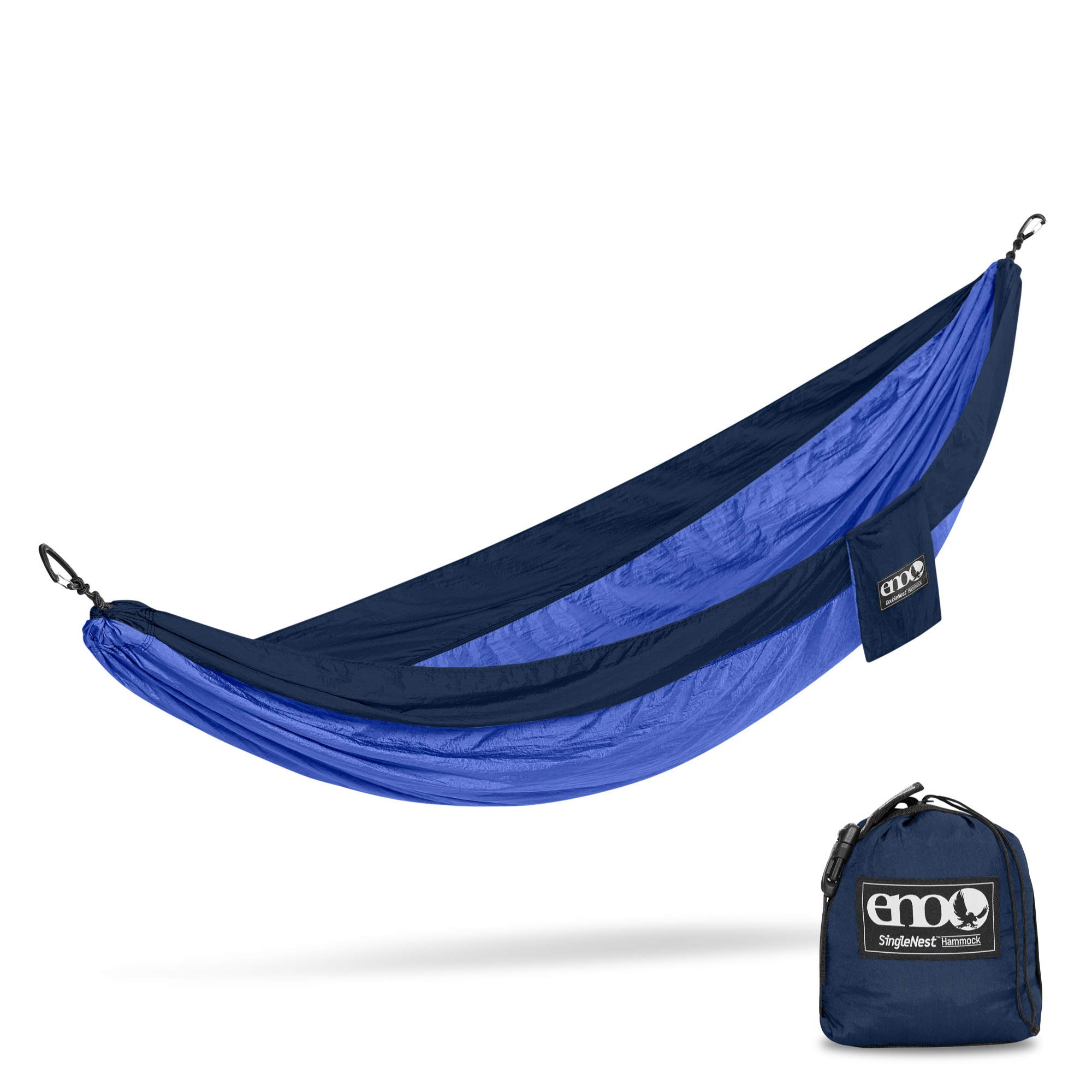 ENO Singlenest Hammock Navy Royal Soft Breathable Fabric 70 Denier High Tenacity Nylon Taffeta Heavy Duty Triple Stitched Fast Dry Compression Stuffsack Aluminium Wiregate Carabiners Weight 454 g