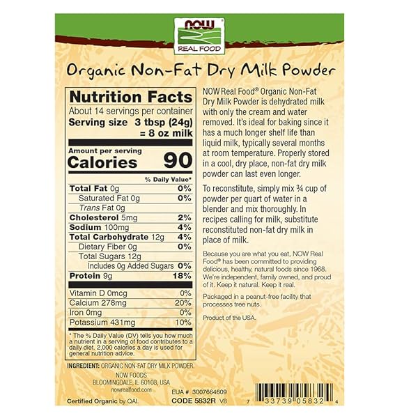 NOW FOODS, ORGANIC NON-FAT DRY MILK POWDER WITH PROTEIN AND CALCIUM, PRODUCT OF THE USA, 12-OUNCE (PACKAGING MAY VARY)