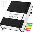 OFFIGIFT Graph Paper Notebook, 312 Numbered Pages Large A5 Hardcover Leather Journal, 100gsm No Bleed Grid Paper Notebook with Index Pages, Grid Notebook for Graphing Notes Math, 5.75" x 8.38", Black